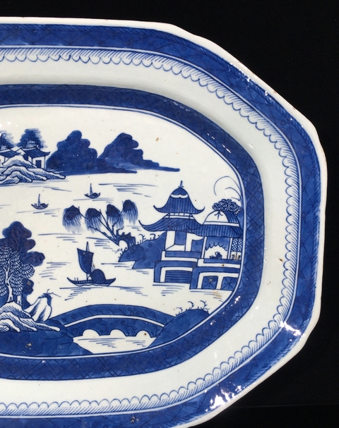 古玩陶瓷青花山水人物紋八方盤真品鑒賞圖