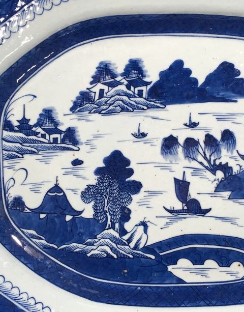 古玩陶瓷青花山水人物紋八方盤真品鑒賞圖