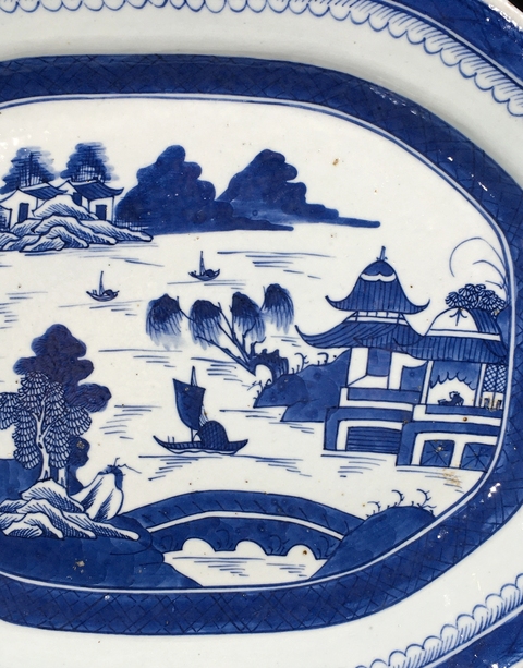 古玩陶瓷青花山水人物紋八方盤真品鑒賞圖
