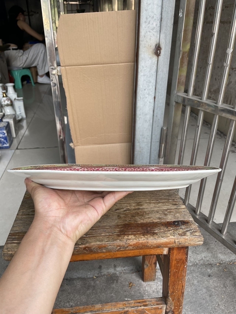 古玩陶瓷胭脂紅粉彩萬壽無疆盤真品鑒賞圖