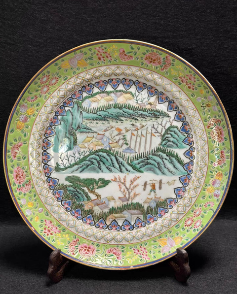 古玩陶瓷粉彩山水紋盤真品鑒賞圖