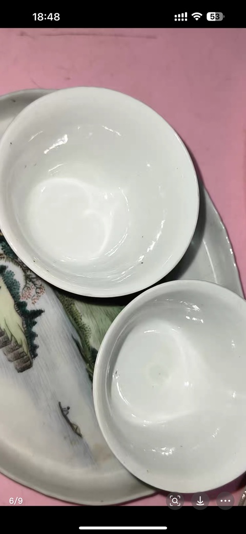 古玩陶瓷粉彩青綠山水紋三件套組真品鑒賞圖