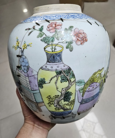 古玩陶瓷粉彩博古圖蓋罐真品鑒賞圖