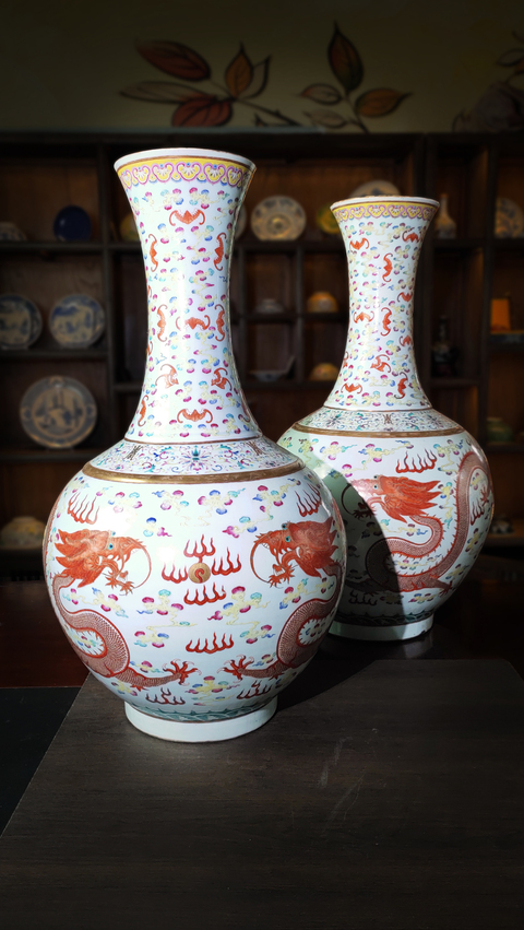 古玩陶瓷清光緒官窯粉彩雙龍戲珠紋大玉堂春瓶真品鑒賞圖
