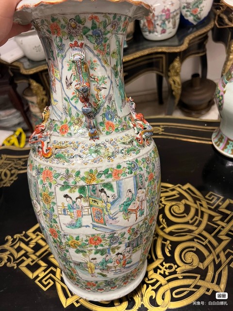 古玩陶瓷廣彩人物花鳥紋花口瓶真品鑒賞圖
