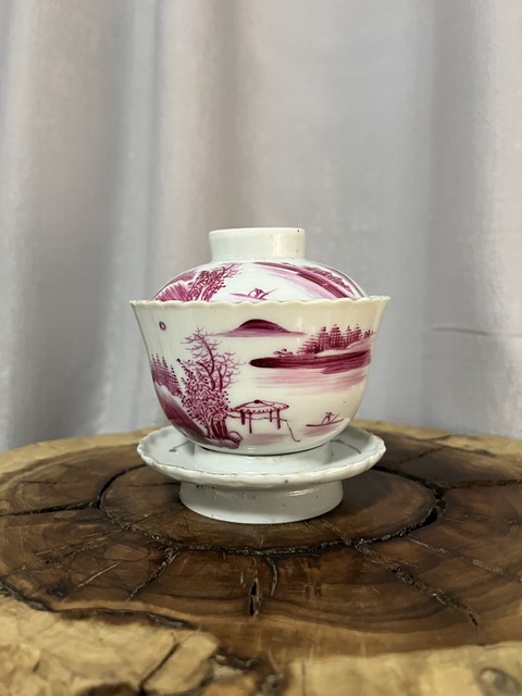 古玩陶瓷胭脂紅山水紋蓋碗真品鑒賞圖