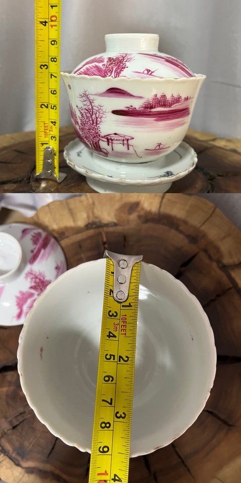 古玩陶瓷胭脂紅山水紋蓋碗真品鑒賞圖