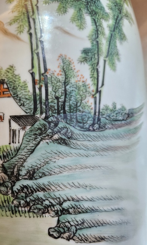 古玩陶瓷油粉彩山水人物撣瓶真品鑒賞圖