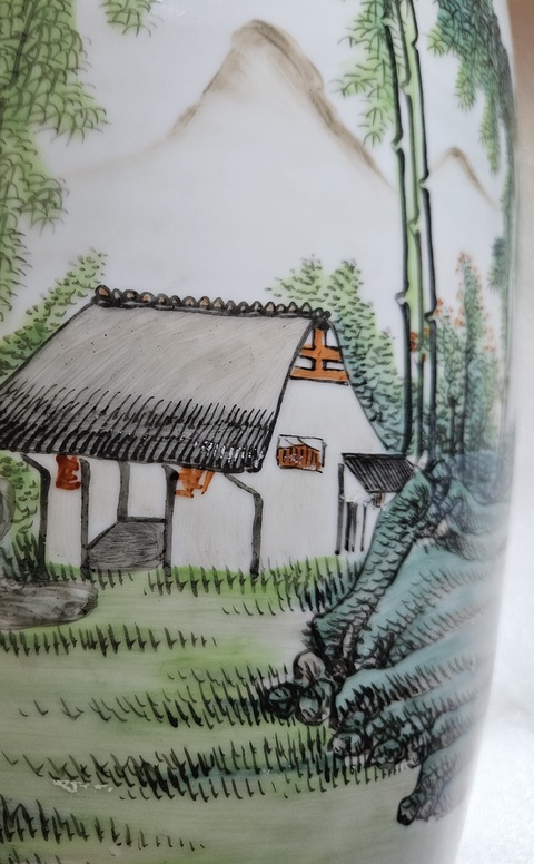 古玩陶瓷油粉彩山水人物撣瓶真品鑒賞圖