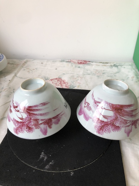 古玩陶瓷胭脂紅山水紋蓋碗真品鑒賞圖