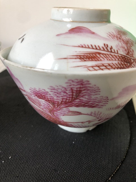 古玩陶瓷胭脂紅山水紋蓋碗真品鑒賞圖