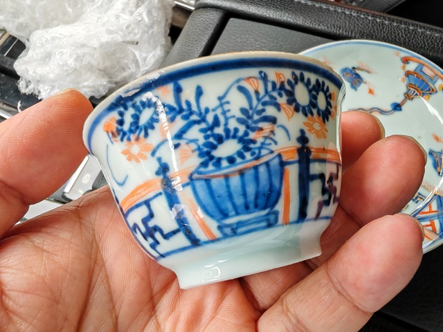 古玩陶瓷青花礬紅描金花鳥套杯真品鑒賞圖