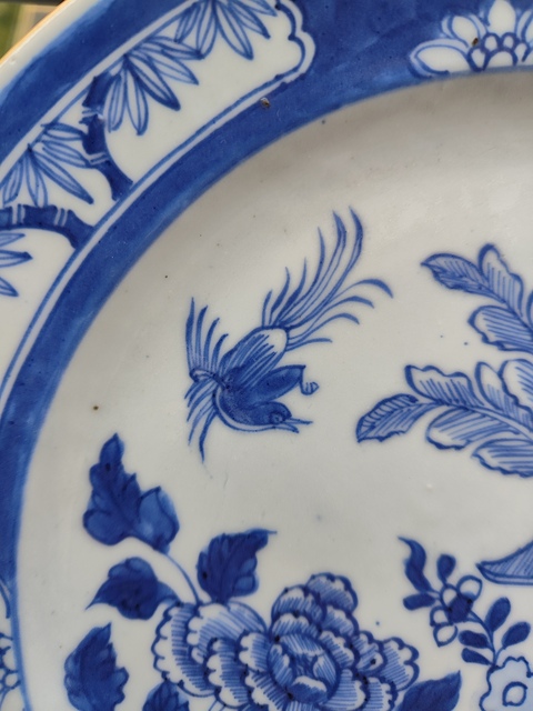 古玩陶瓷清康熙青花歲寒三友花鳥紋盤真品鑒賞圖
