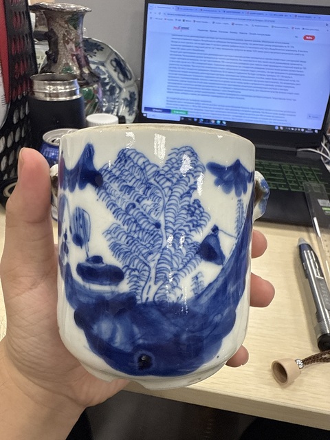 古玩陶瓷青花山水人物紋四系缸真品鑒賞圖
