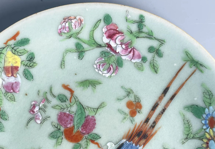 古玩陶瓷清中晚·豆青釉粉彩花鳥紋盤 真品鑒賞圖
