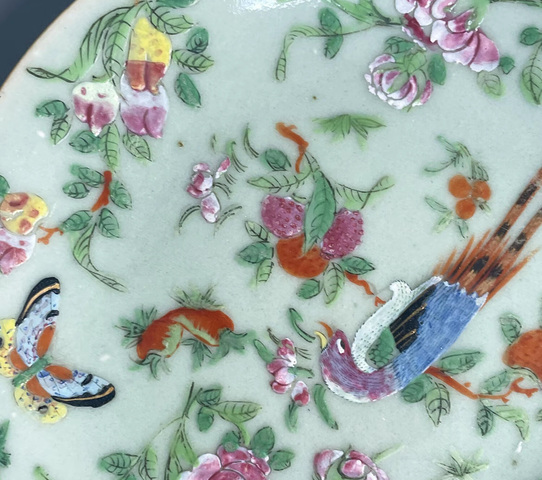古玩陶瓷清中晚·豆青釉粉彩花鳥紋盤 真品鑒賞圖