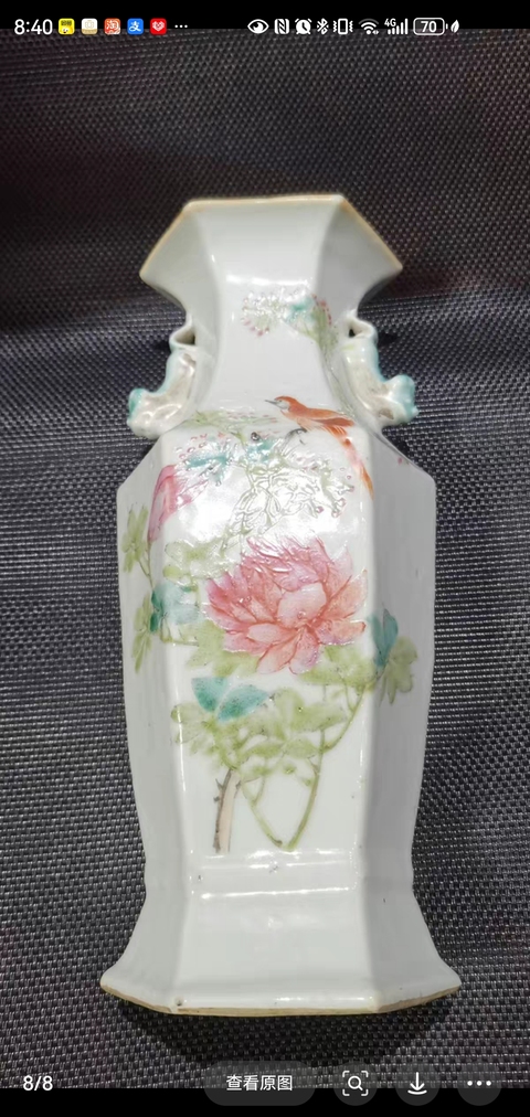 古玩陶瓷花鳥紋淺絳彩六方瓶真品鑒賞圖