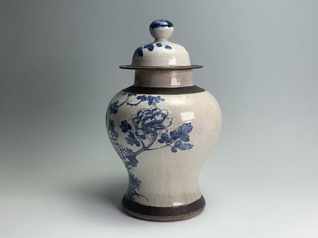 古玩陶瓷清晚期·哥釉青花錦雞牡丹紋將軍蓋罐拍賣，當(dāng)前價格532元
