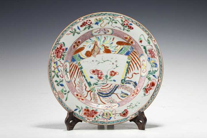 古玩陶瓷清雍乾·粉彩鳳凰花卉紋折沿盤拍賣，當前價格1904元