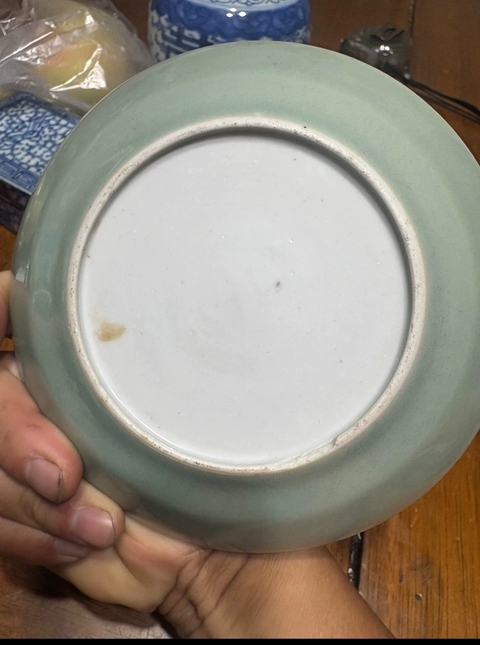 古玩陶瓷豆青釉花鳥蝶紋廣彩盤真品鑒賞圖