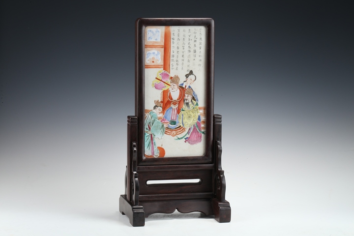 古玩陶瓷清中·粉彩人事故事詩文瓷板插屏真品鑒賞圖