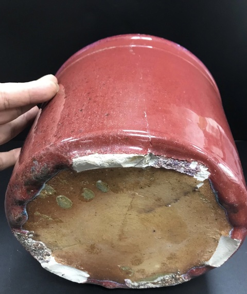 古玩陶瓷窯變紅釉三足筒式香爐真品鑒賞圖