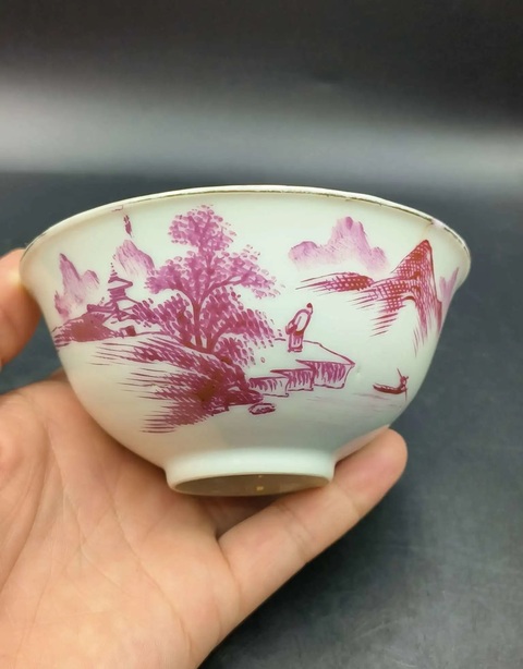 古玩陶瓷江西瓷業工廠款胭脂紅彩茶圓真品鑒賞圖