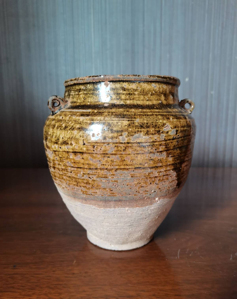 古玩陶瓷婺州窯黃釉四系罐真品鑒賞圖