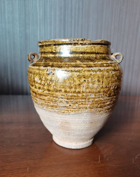 古玩陶瓷婺州窯黃釉四系罐真品鑒賞圖