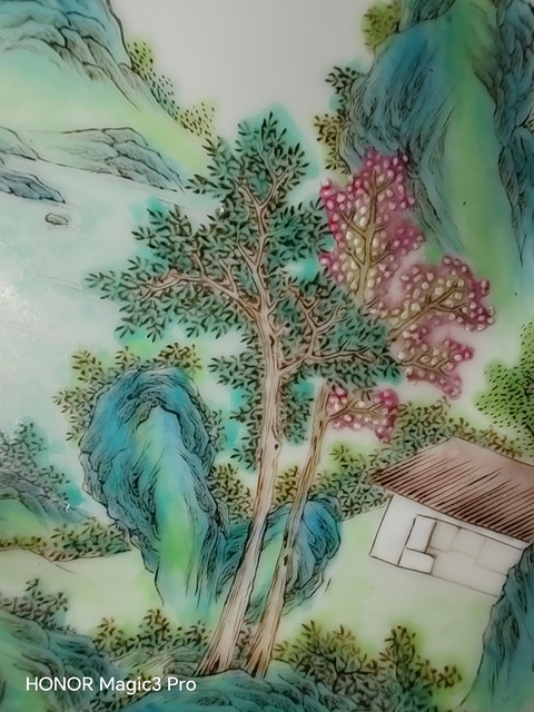 古玩陶瓷山水紋粉彩盤真品鑒賞圖