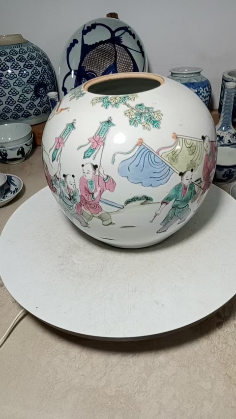 古玩陶瓷麒麟送子西瓜罐真品鑒賞圖