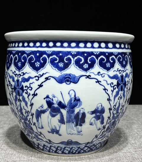 古玩陶瓷人物花鳥紋青花卷缸真品鑒賞圖