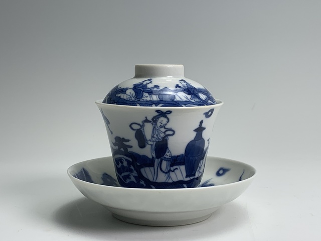 古玩陶瓷清中晚期·青花海屋添籌仙人乘槎紋三才蓋碗拍賣,當前價格8256元