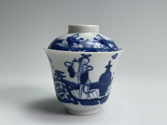古玩陶瓷清中晚期·青花海屋添籌仙人乘槎紋三才蓋碗拍賣,當前價格8256元