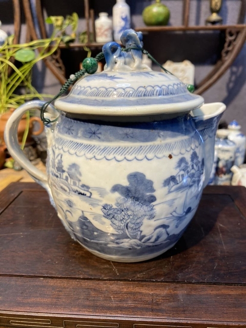 古玩陶瓷樓臺亭閣山水紋青花壺真品鑒賞圖