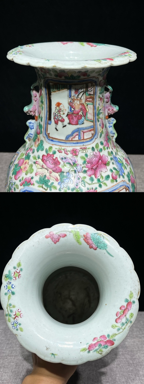 古玩陶瓷人物花鳥蝶紋粉彩瓶真品鑒賞圖