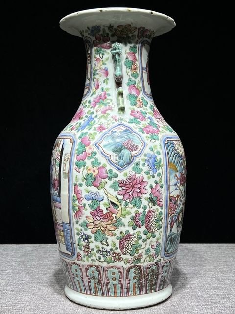 古玩陶瓷人物花鳥蝶紋粉彩瓶真品鑒賞圖