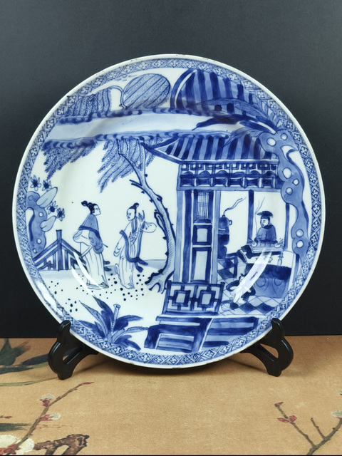 古玩陶瓷西廂記青花盤真品鑒賞圖