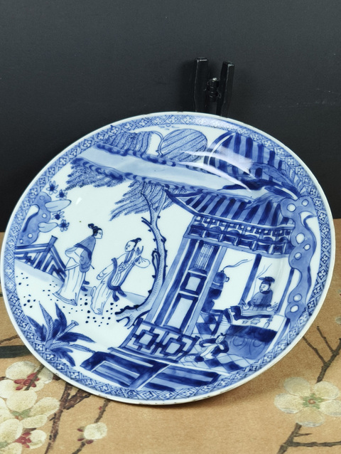 古玩陶瓷西廂記青花盤真品鑒賞圖
