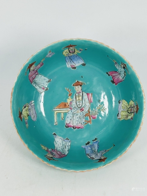 古玩陶瓷松石綠地粉彩人物故事紋撇口碗真品鑒賞圖
