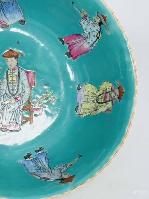 古玩陶瓷松石綠地粉彩人物故事紋撇口碗真品鑒賞圖