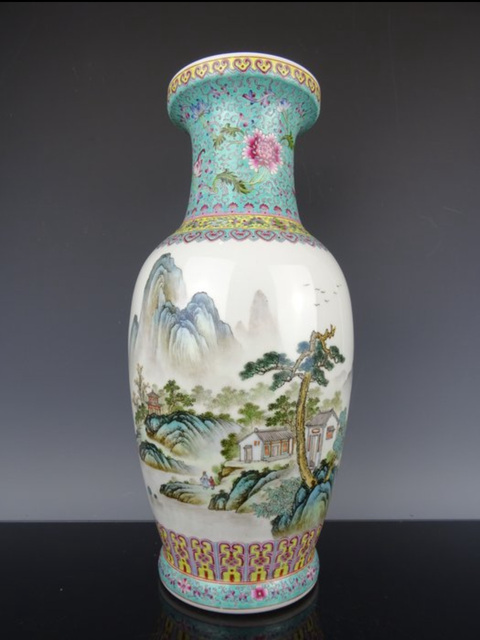 古玩陶瓷創(chuàng)匯 新粉彩山水紋瓶真品鑒賞圖