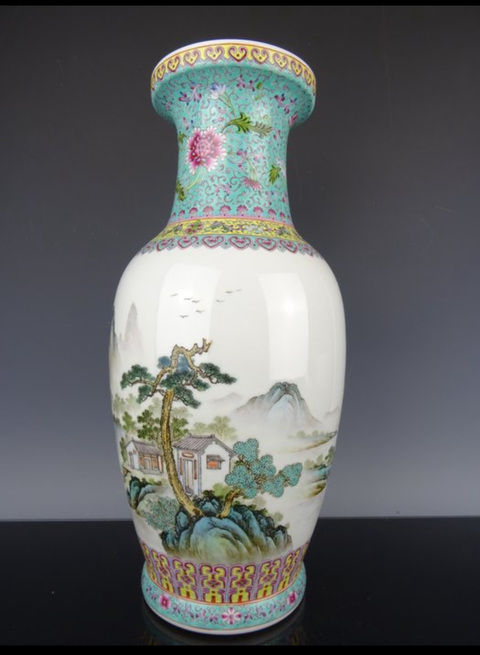 古玩陶瓷創(chuàng)匯 新粉彩山水紋瓶真品鑒賞圖
