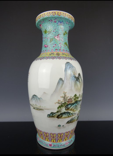 古玩陶瓷創(chuàng)匯 新粉彩山水紋瓶真品鑒賞圖