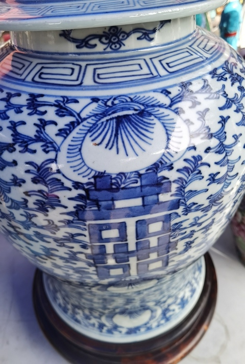 古玩陶瓷纏枝花囍字紋青花將軍罐真品鑒賞圖