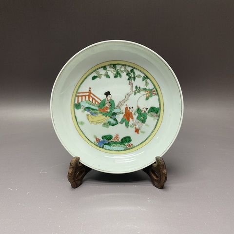 古玩陶瓷三娘教子圖五彩盤真品鑒賞圖