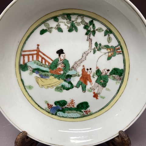 古玩陶瓷三娘教子圖五彩盤真品鑒賞圖