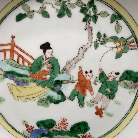 古玩陶瓷三娘教子圖五彩盤真品鑒賞圖