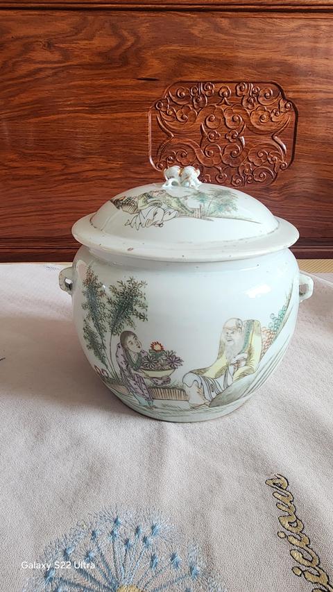 古玩陶瓷粉彩愛菊?qǐng)D粥罐真品鑒賞圖