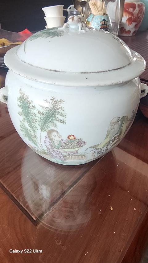 古玩陶瓷粉彩愛菊?qǐng)D粥罐真品鑒賞圖